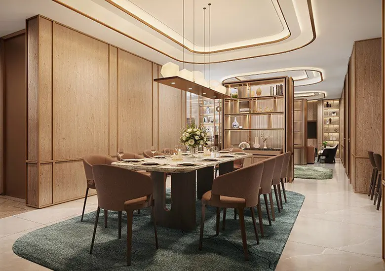 Formal dining room in wood panelling
